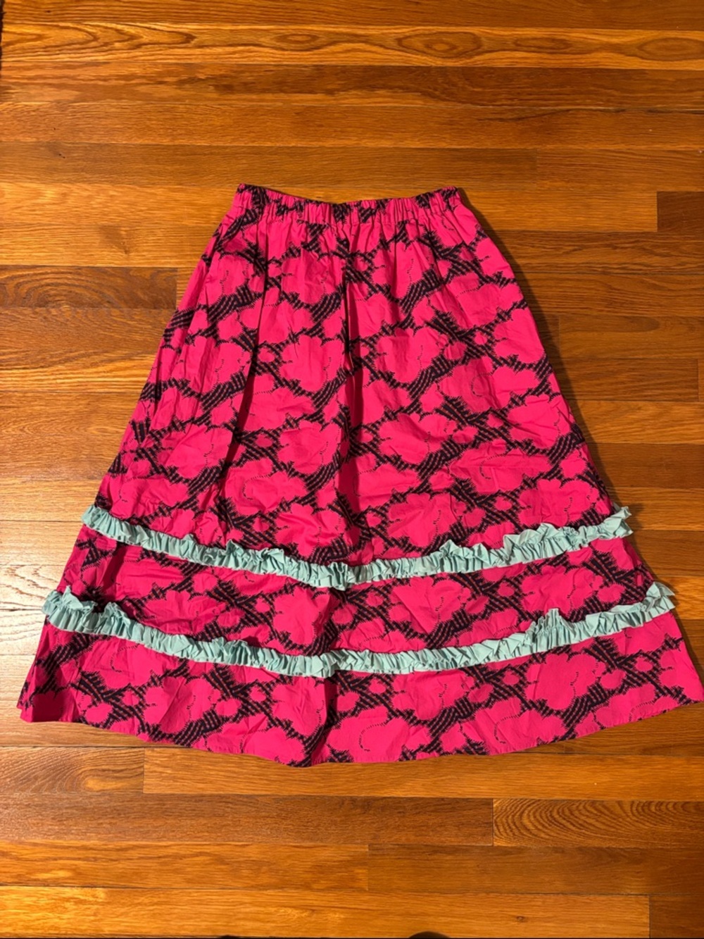 RHODE Hot Pink Floral Midi Skirt with Mint Ruffle Trim